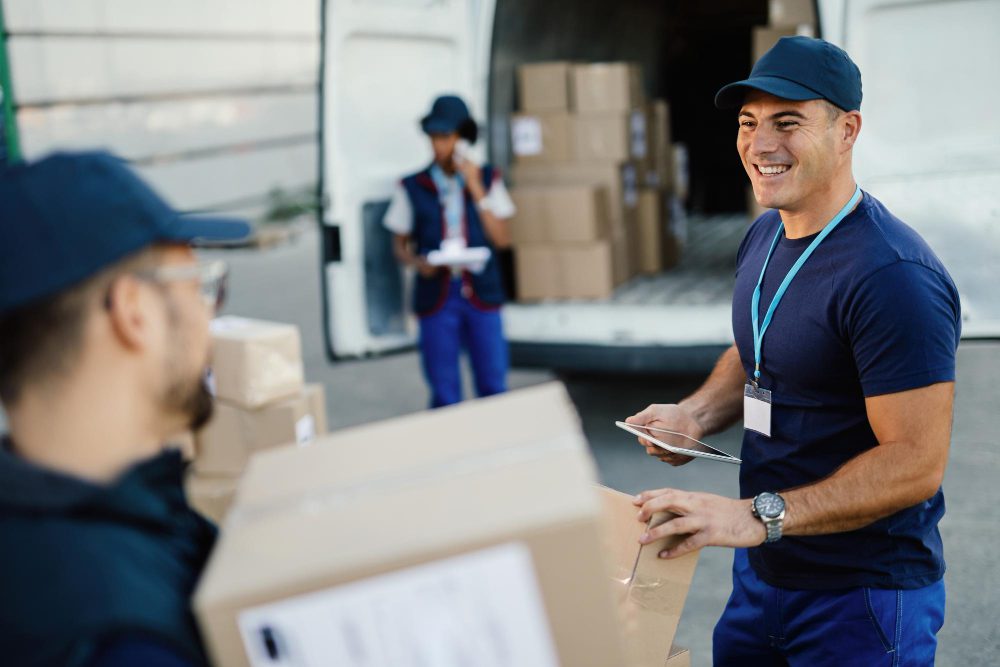 happy-manual-worker-using-touchpad-while-communicating-with-his-coworker-organizing-package-delivery