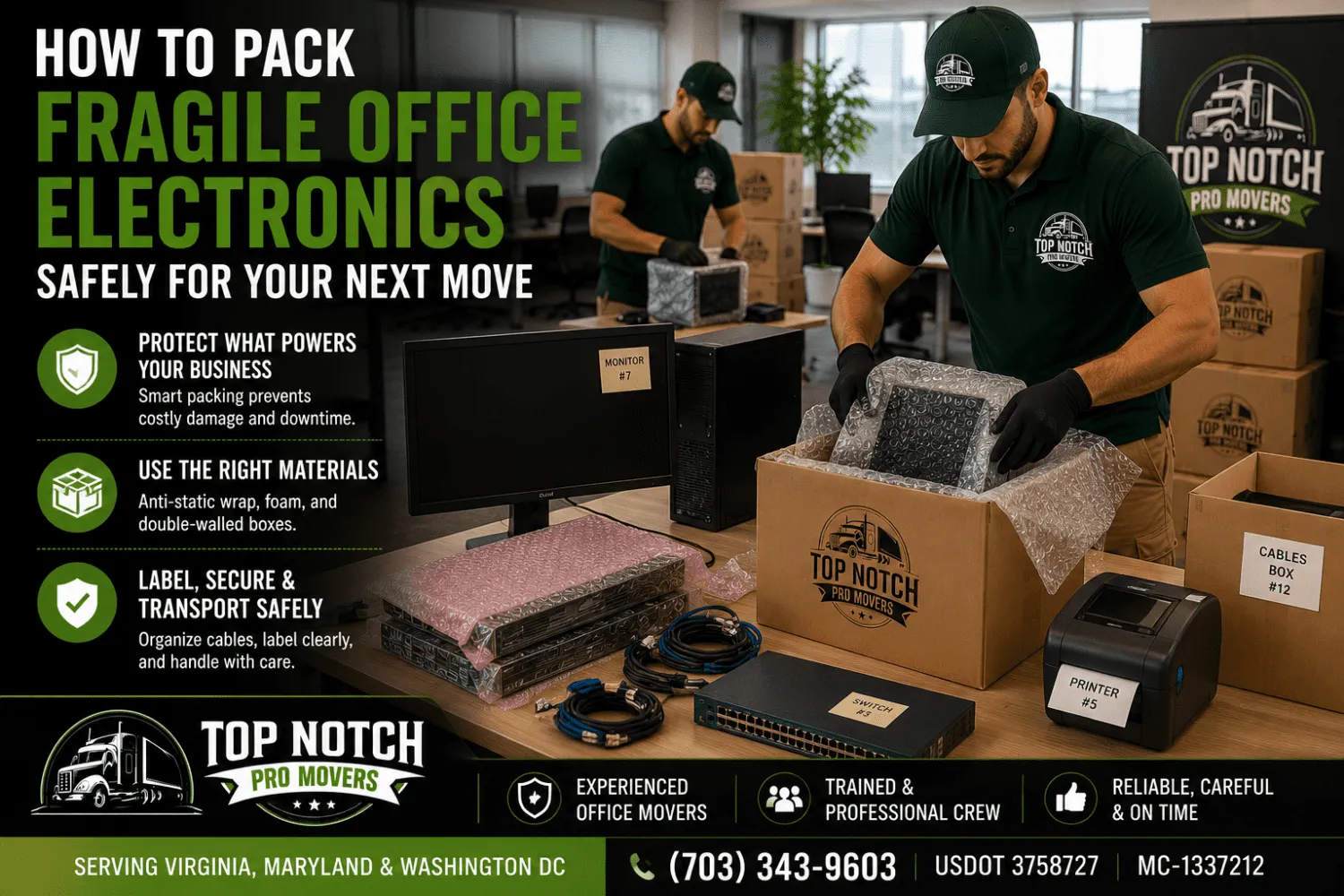 Top Notch Pro Movers carefully packing office electronics, monitors, network equipment, and computer hardware using anti-static materials during a commercial office relocation.