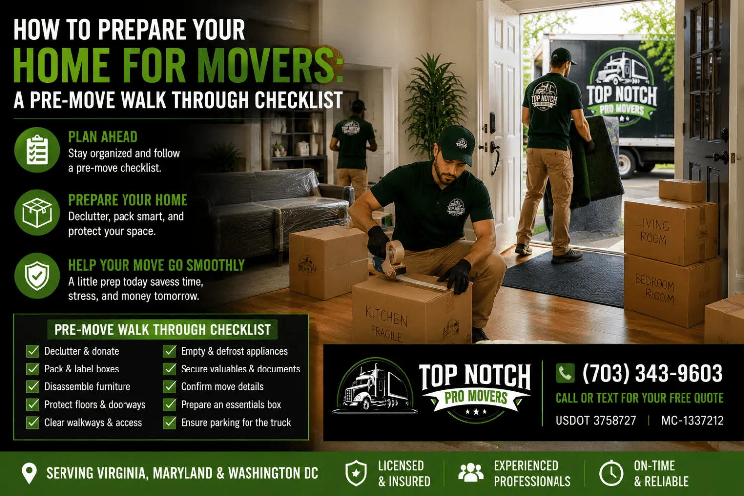 Top Notch Pro Movers helping a homeowner prepare for moving day by labeling boxes, protecting furniture, organizing rooms, and staging items for loading.