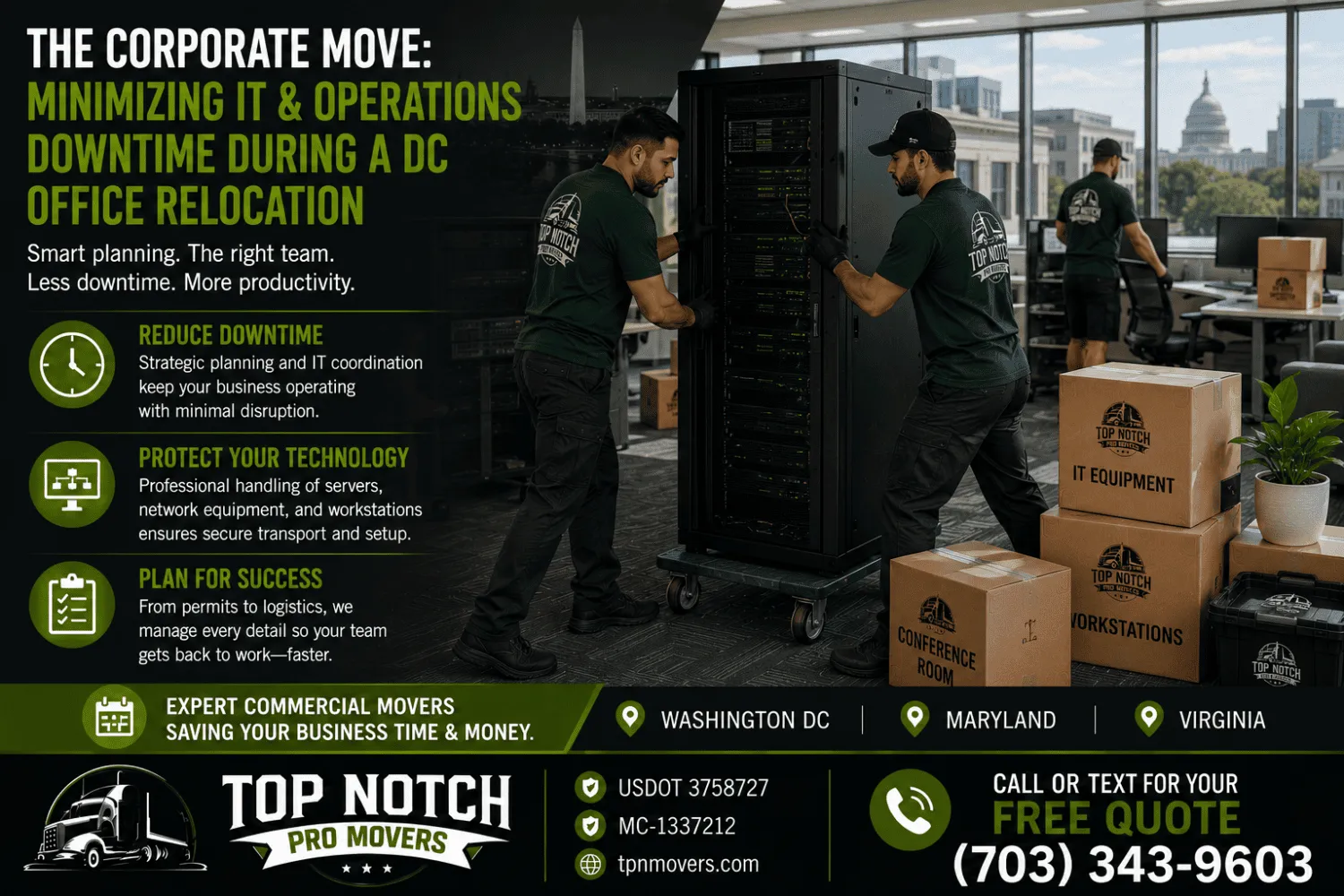 Top Notch Pro Movers commercial moving crew carefully relocating enterprise IT server equipment during a Washington DC office relocation while minimizing business downtime.