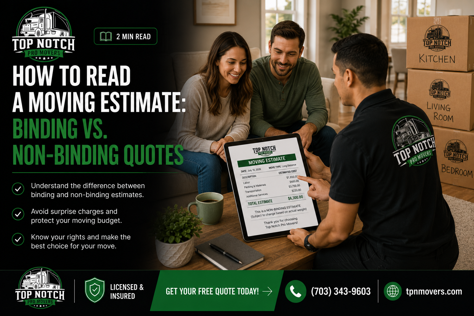 A Top Notch Pro Movers representative reviewing a professional moving estimate with a couple while explaining the differences between binding and non-binding moving quotes in a residential home.