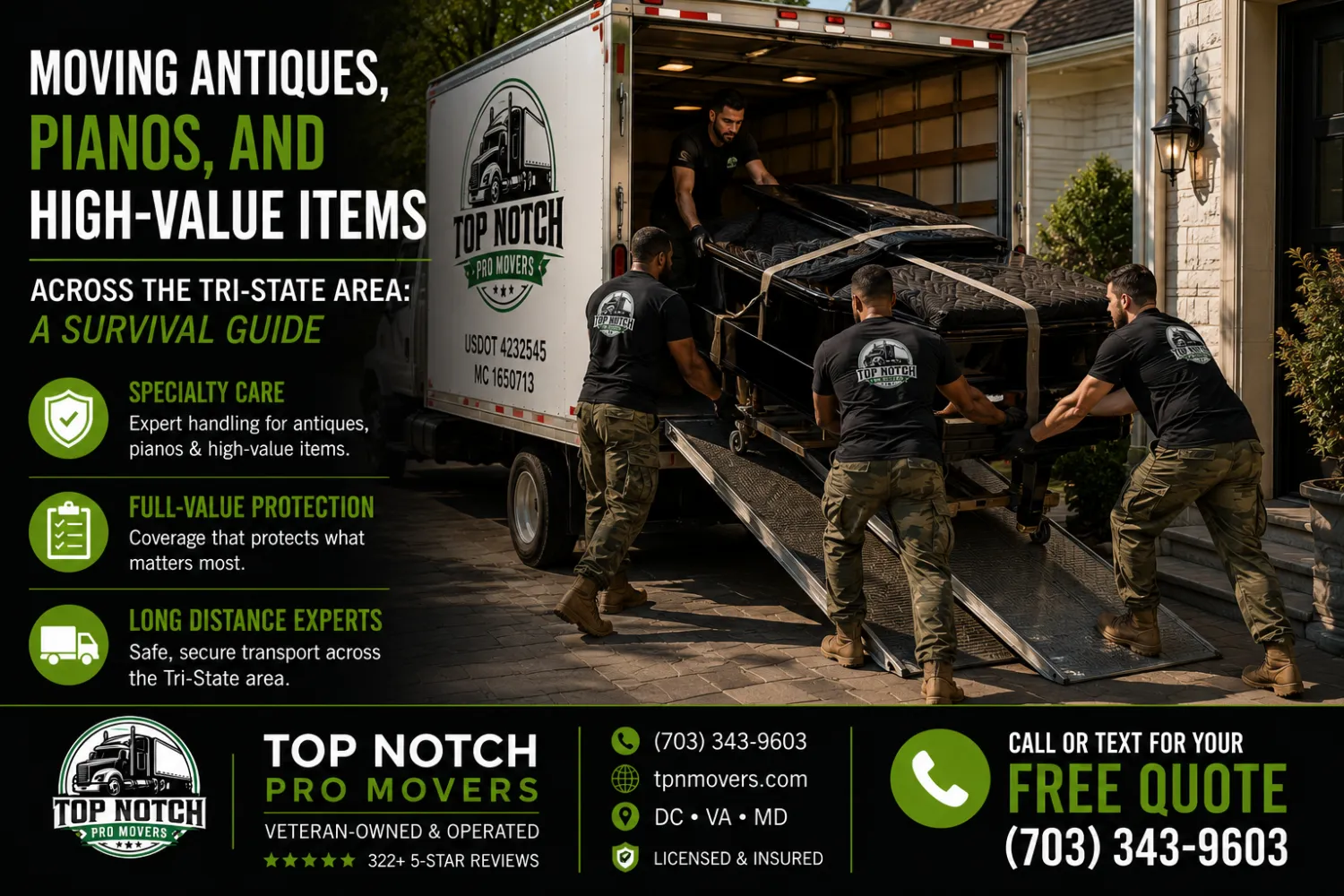 Top Notch Pro Movers safely loading a grand piano into a moving truck using professional specialty moving equipment for high-value household items.
