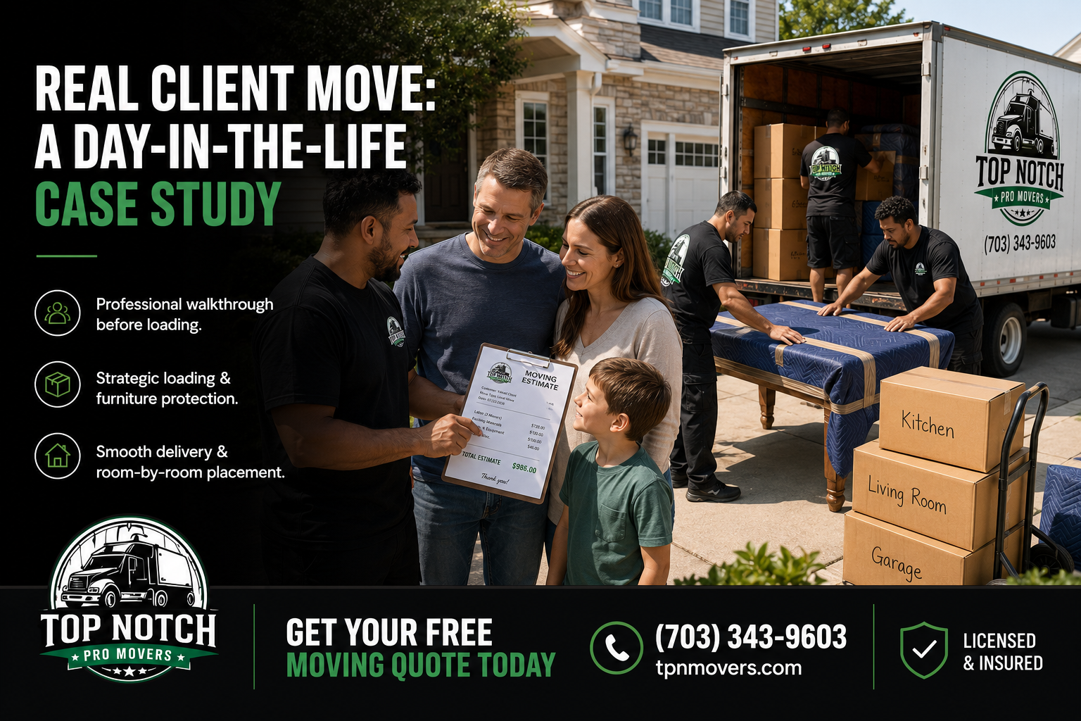 Professional Top Notch Pro Movers crew conducting a residential move in Northern Virginia while reviewing a moving estimate with a family, carefully wrapping furniture, loading labeled boxes, and preparing the moving truck.