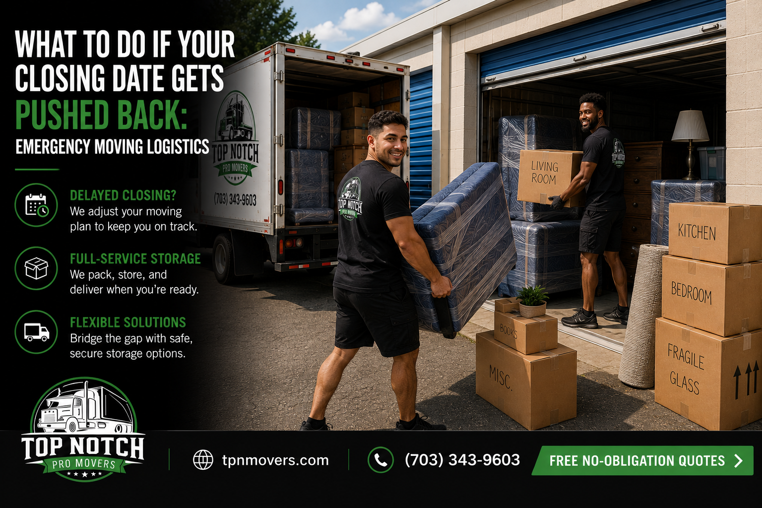 Top Notch Pro Movers providing full-service residential storage for a Virginia household after a delayed real estate closing.