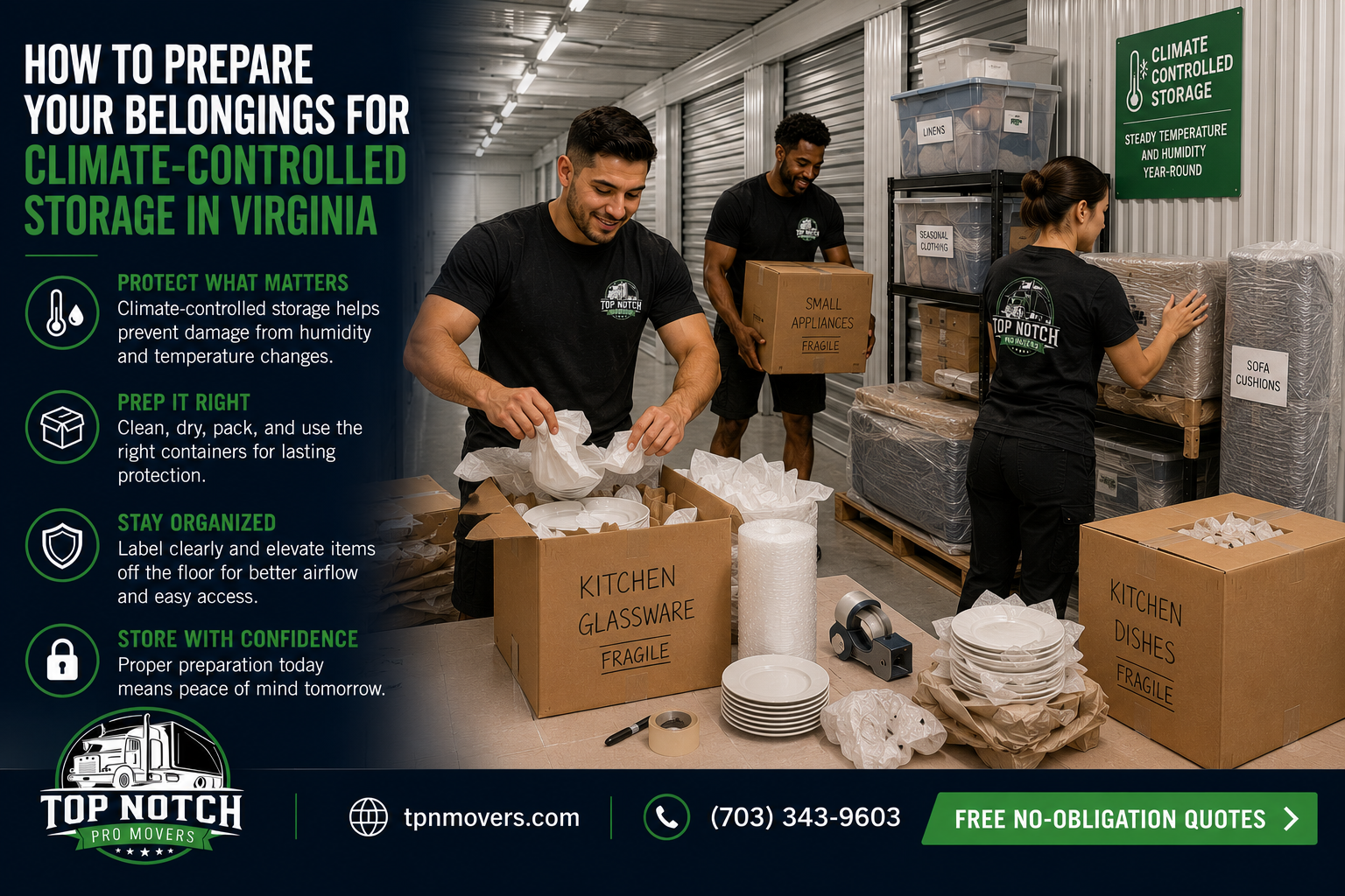 Top Notch Pro Movers preparing furniture and household belongings for climate-controlled storage in Virginia.