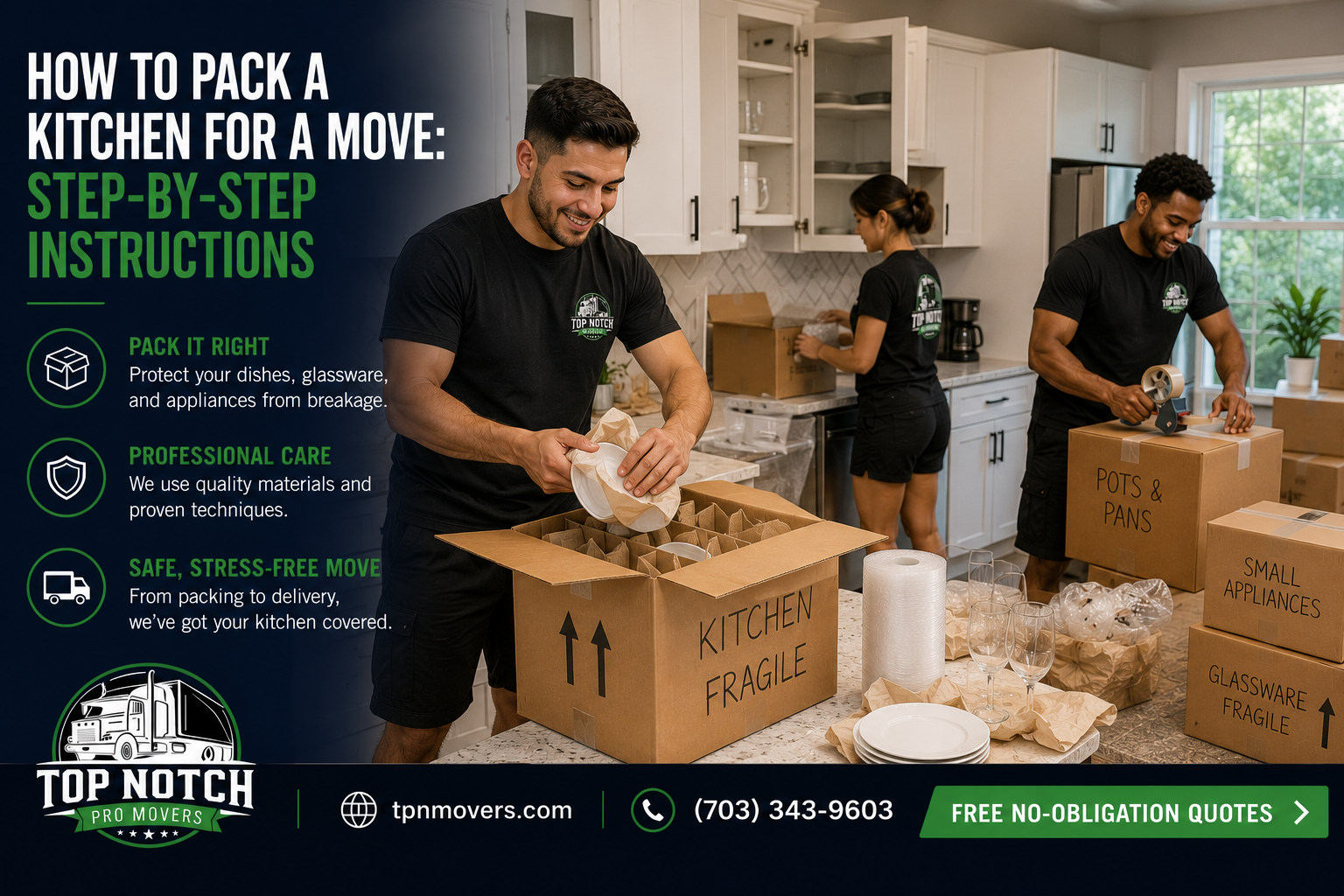 Top Notch Pro Movers professionally packing dishes, glassware, and kitchen items for a residential move in Virginia.