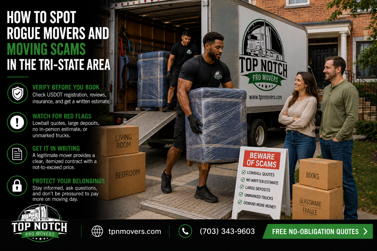 Top Notch Pro Movers crew safely moving wrapped furniture while customers watch during a residential move in the DMV, illustrating how to identify legitimate movers and avoid moving scams.